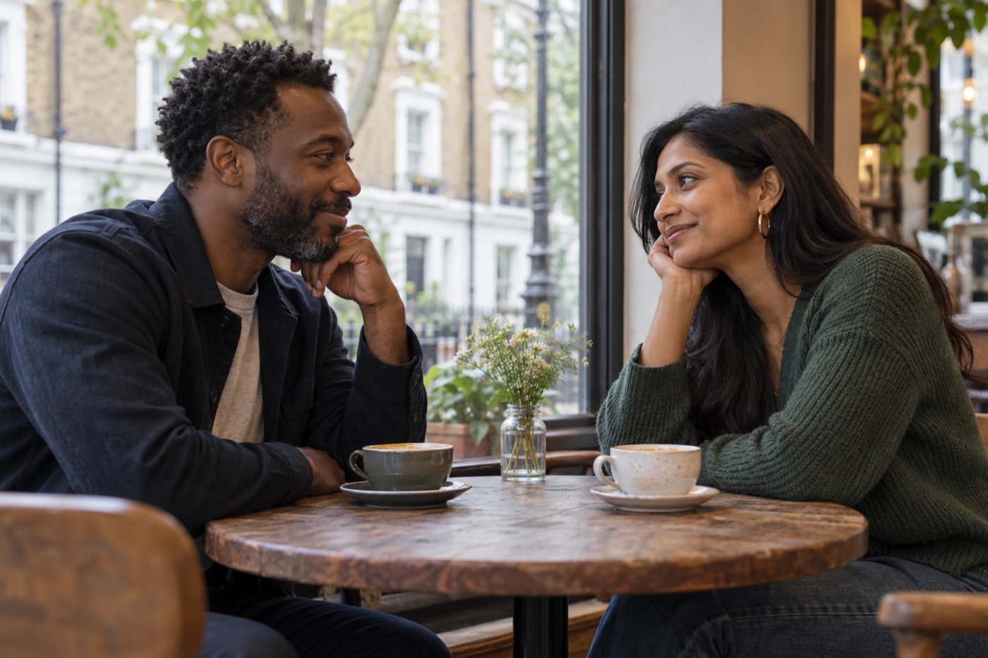 Two adults enjoying a relaxed conversation over coffee beside a cafe window