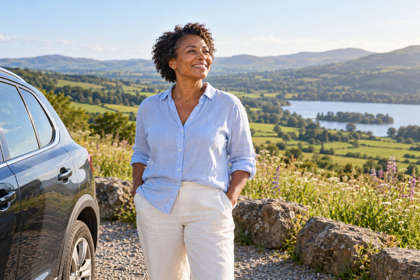 Smiling woman beside a parked car overlooking green hills and a lake