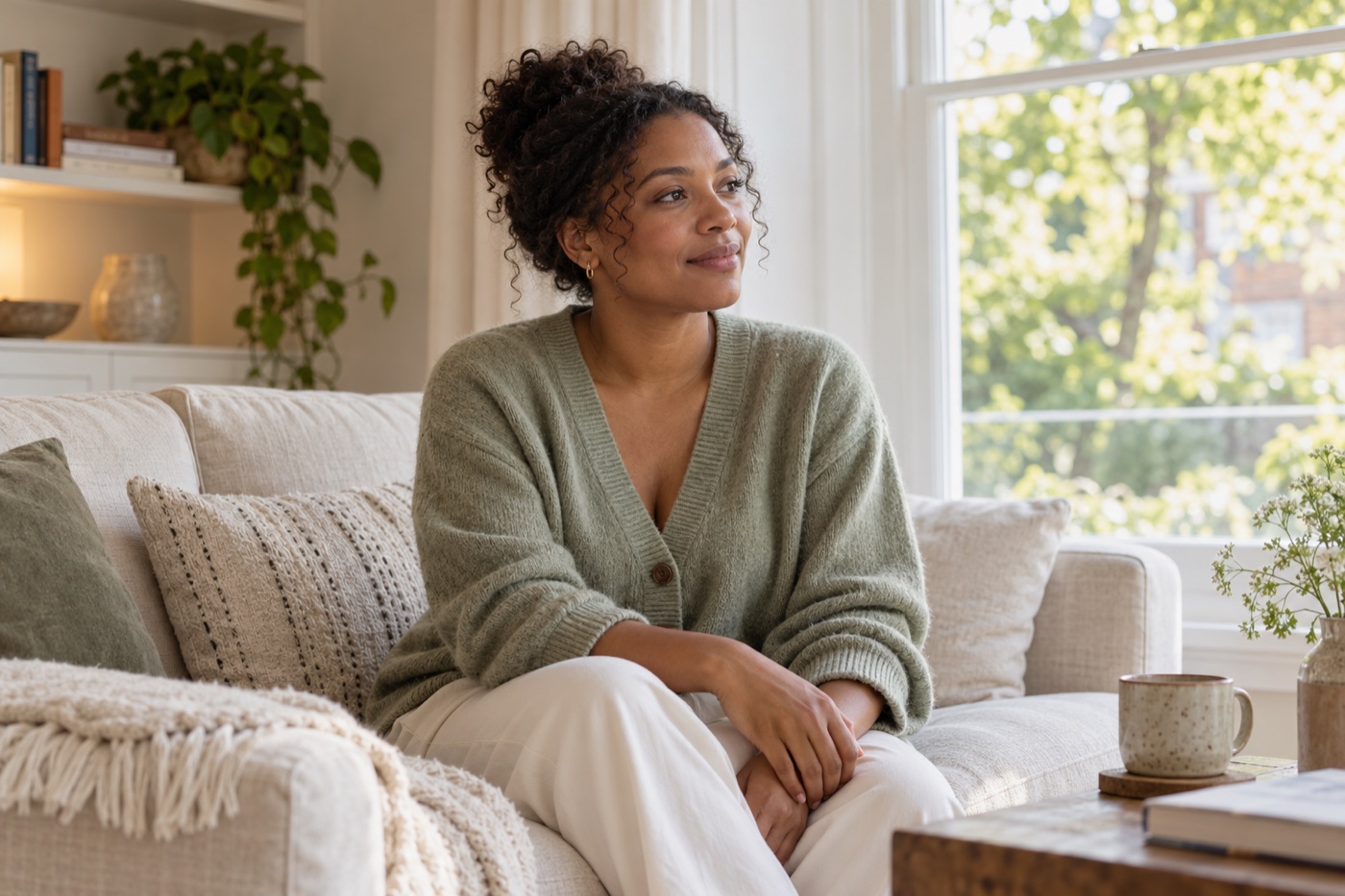 Woman in a sage-green cardigan sitting comfortably on a linen sofa beside a bright window