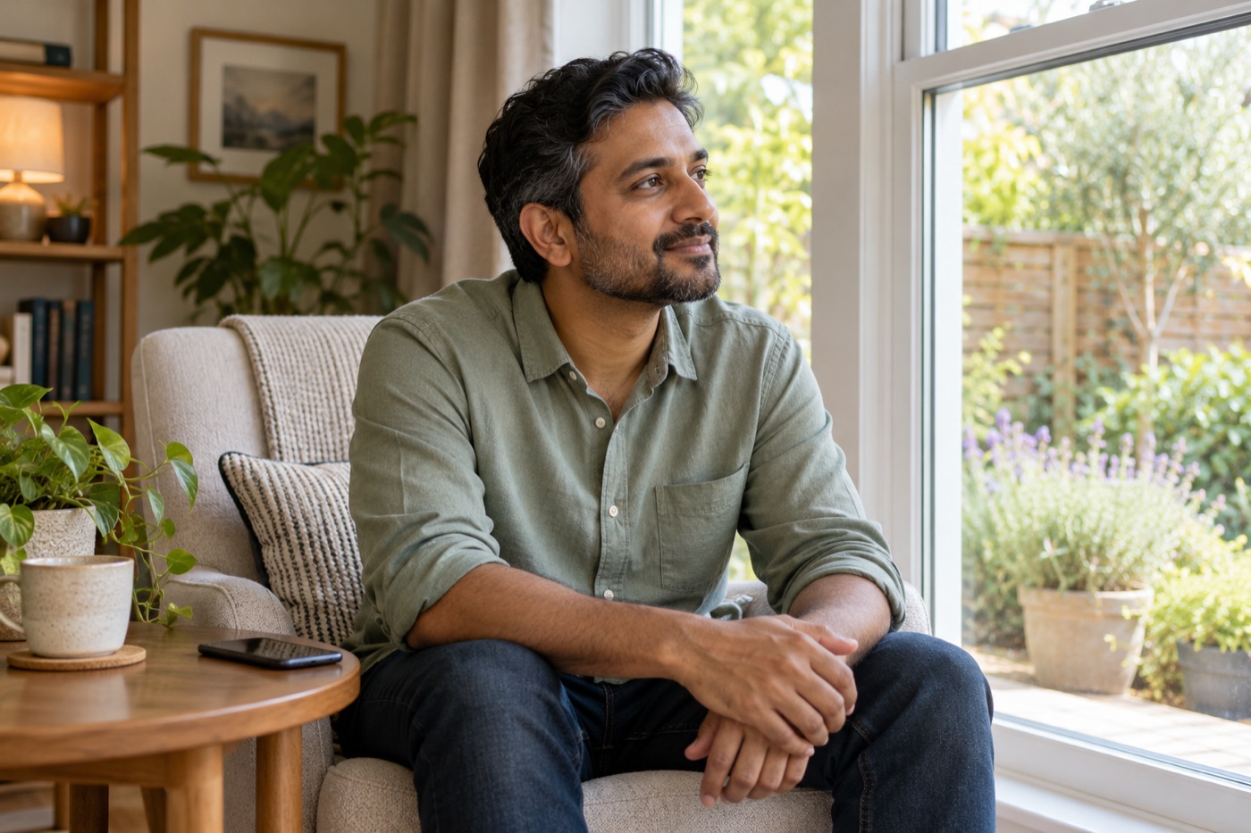 Man in a sage shirt sitting by a bright window with his phone set aside