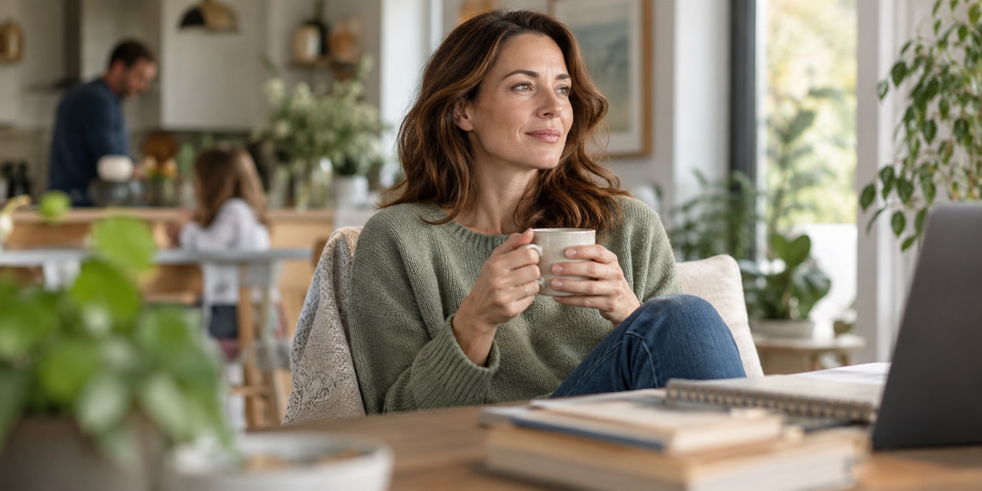 Woman holding a cup in a bright home