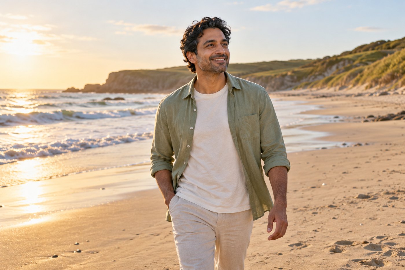 Smiling man in a sage-green shirt enjoying a walk on a sunlit beach