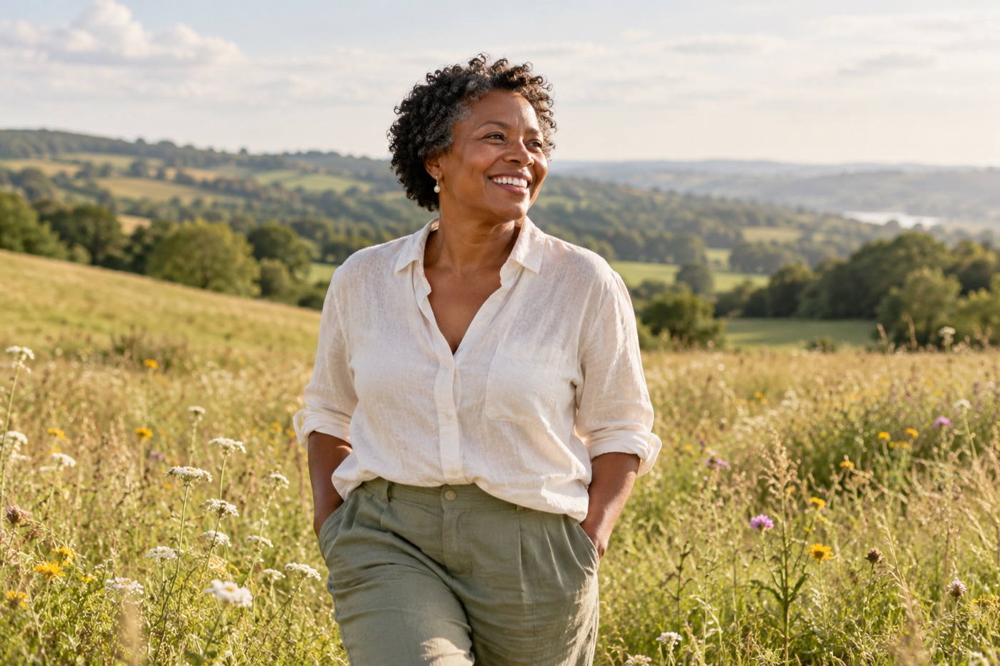 Smiling woman in a cream shirt enjoying a sunny wildflower meadow