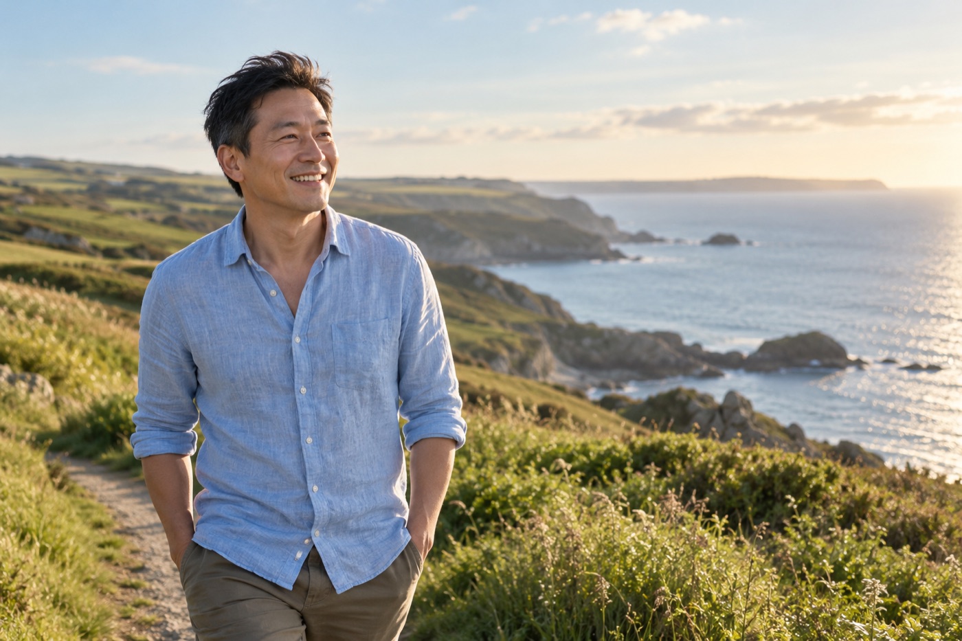 Smiling man in a blue shirt enjoying a sunny coastal countryside walk